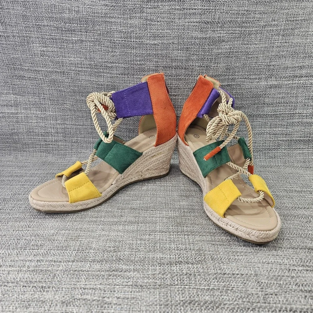 Shein Faux Suede Sandals Espadrille Wedge Ankle Strap Colorblock Women US 9.5/41